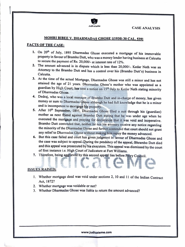 Case Analysis: Mohri Bibee v. Dharmadas Ghose | PDF | Private Law ...