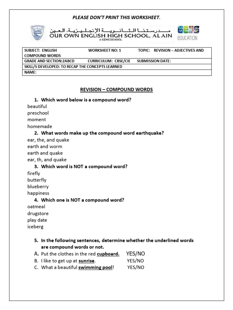 Adjectives and Compound Words Worksheet | PDF