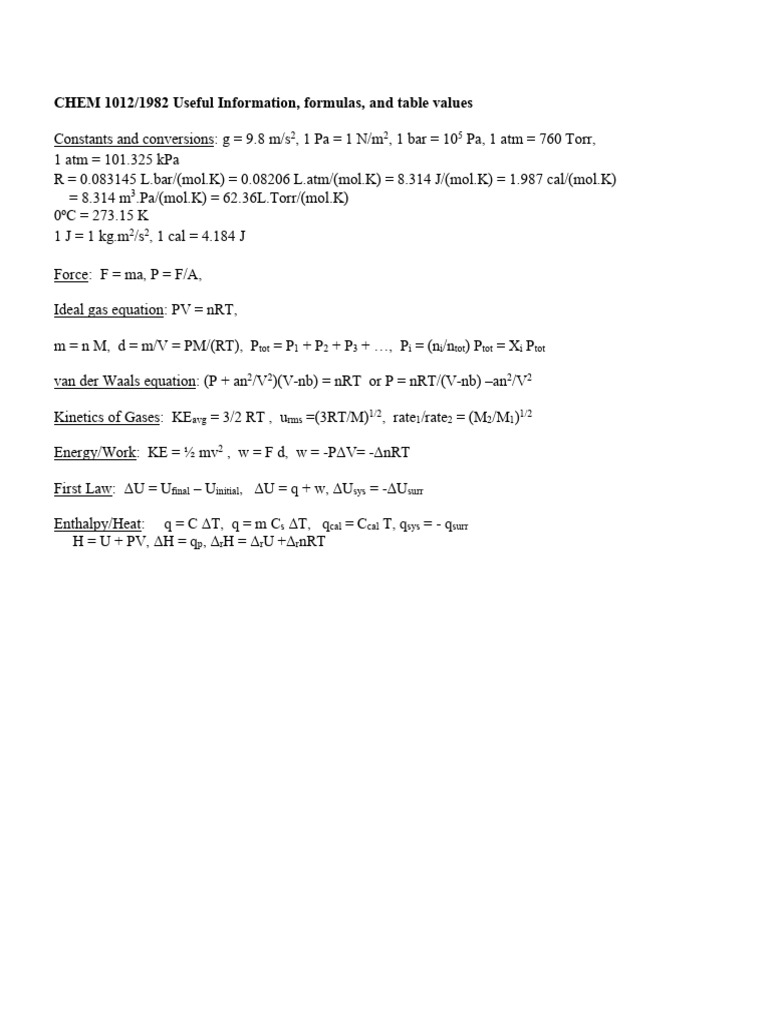 2021 General Chem Formulasheetsq 1 | PDF