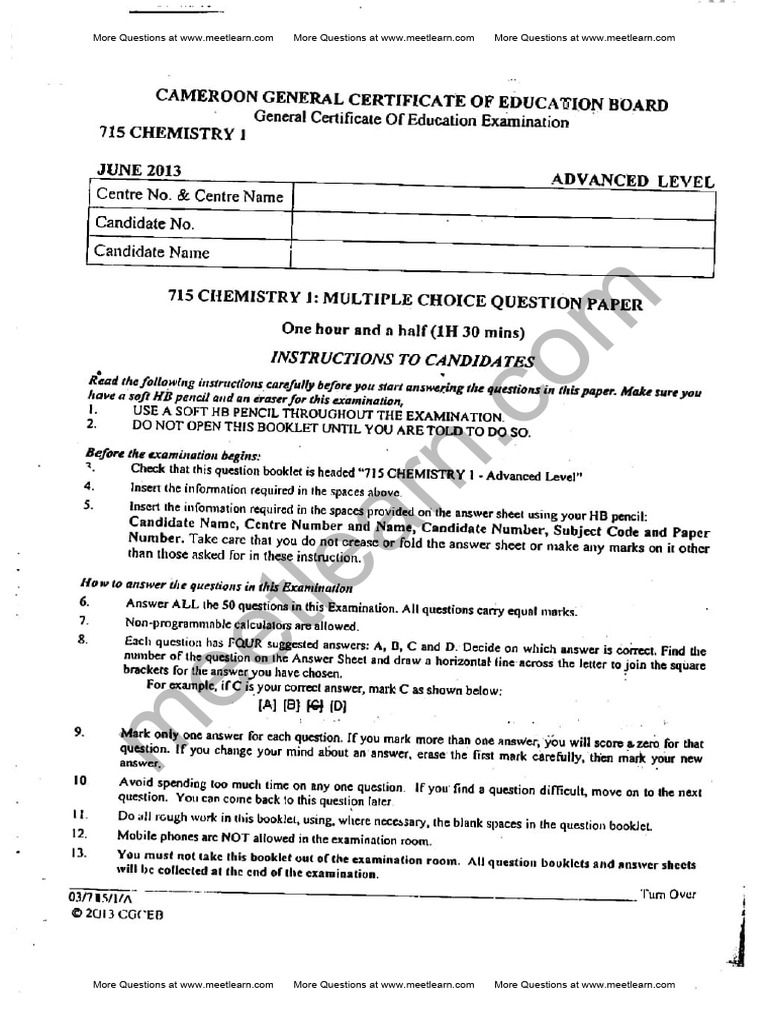 Chemistry Advanced Level Paper 1 2013 Cameroon GCE Questions Cameroon ...