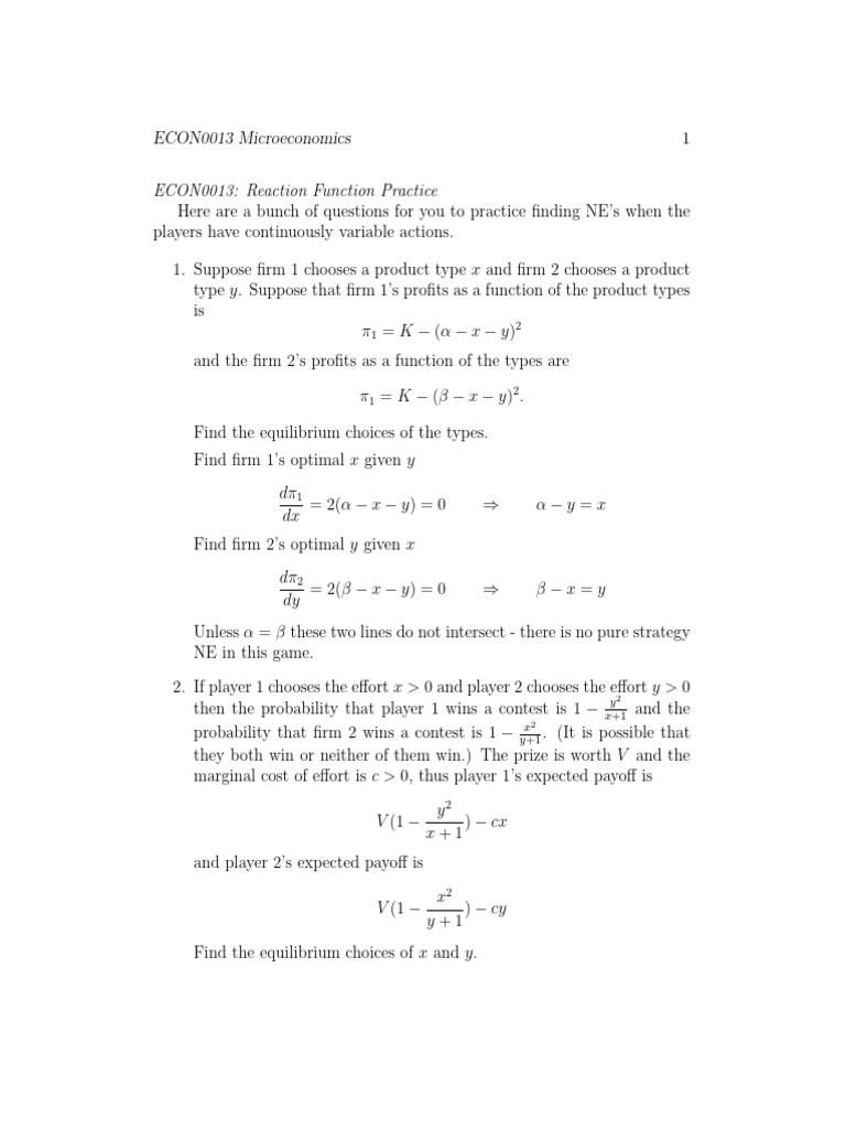 Microeconomics Reaction Function Practice | PDF | Gaming | Applied ...