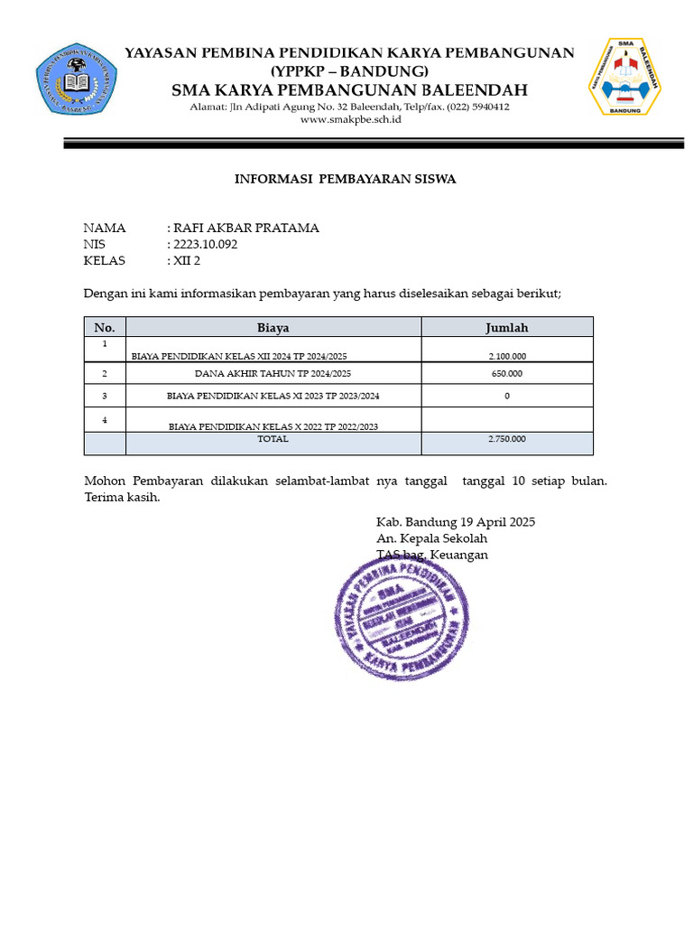 Pembayaran Siswa Rafi Akbar Pratama | PDF