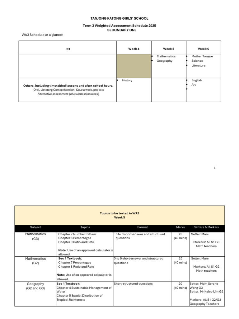 2025 Sec 1 WA3 Schedule & Topics Tested | PDF