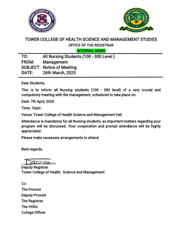 Nursing Students Meeting Notice | PDF