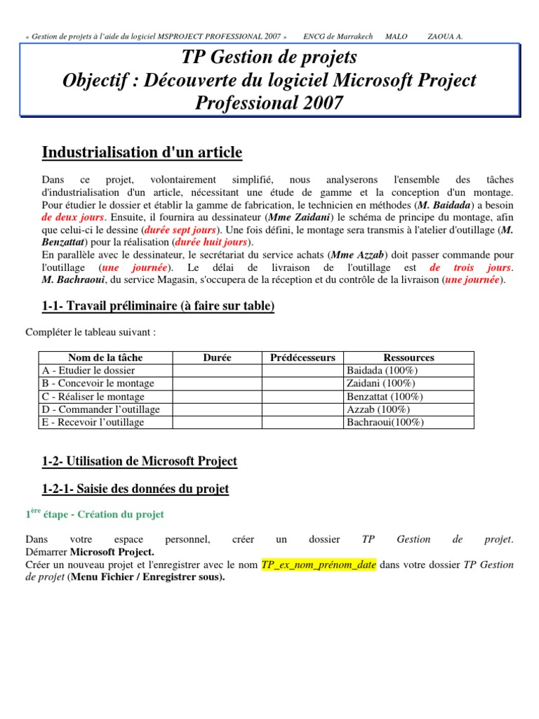 TP Microsoft Project 2007 : Guide Pratique | PDF | Gestion de projet ...