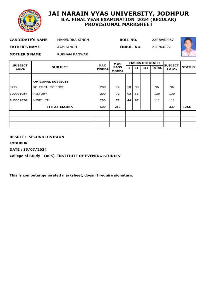 B.A. Final Year Provisional Marksheet 2024 | PDF