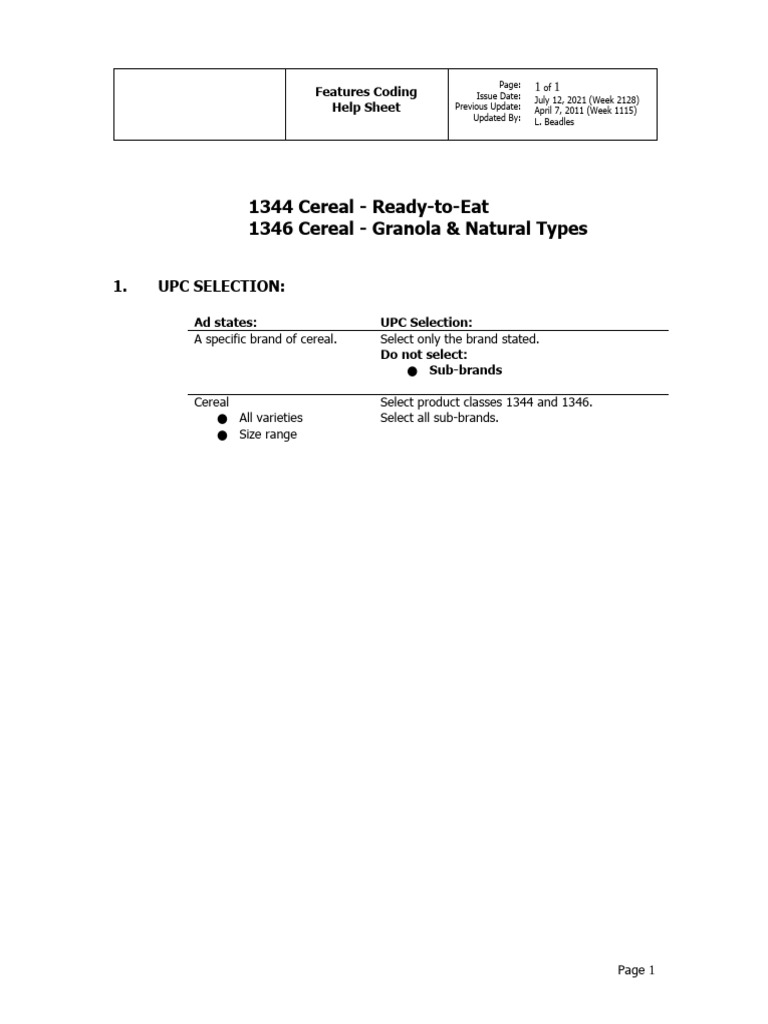 Cereal UPC Selection Guidelines | PDF