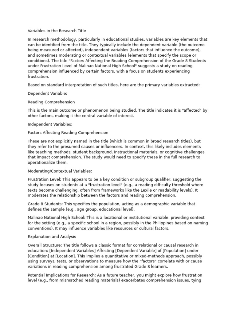 Variables in Reading Comprehension Study | PDF | Reading Comprehension ...