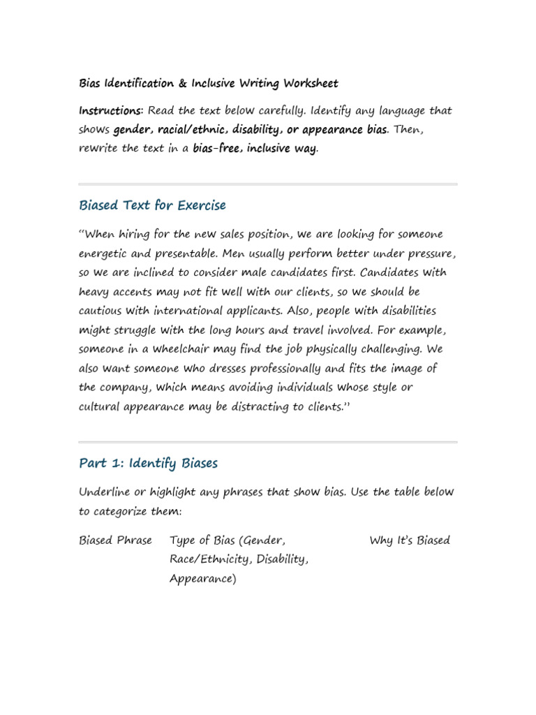 Bias-Free Writing Worksheet | PDF