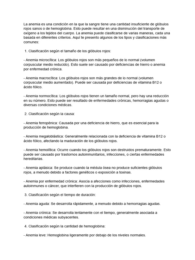 Tipos y Clasificaciones de Anemia | PDF | Anemia | Glóbulo rojo