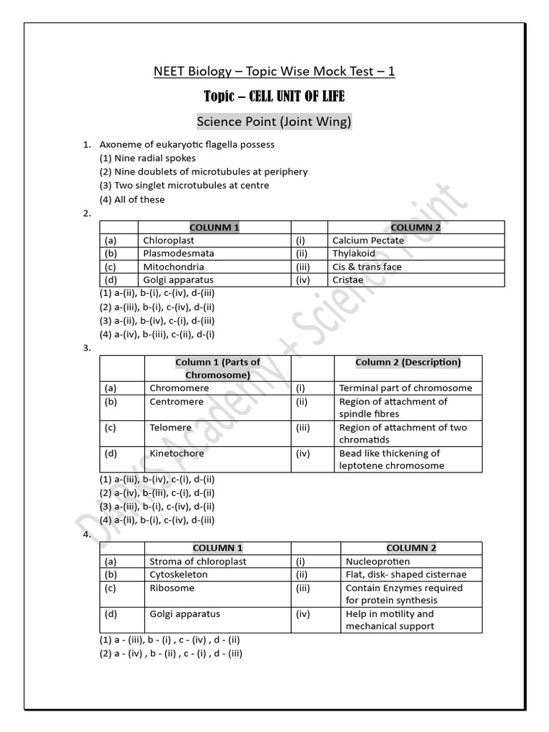 NEET Biology Mock Test: Cell Unit | PDF | Mitosis | Meiosis