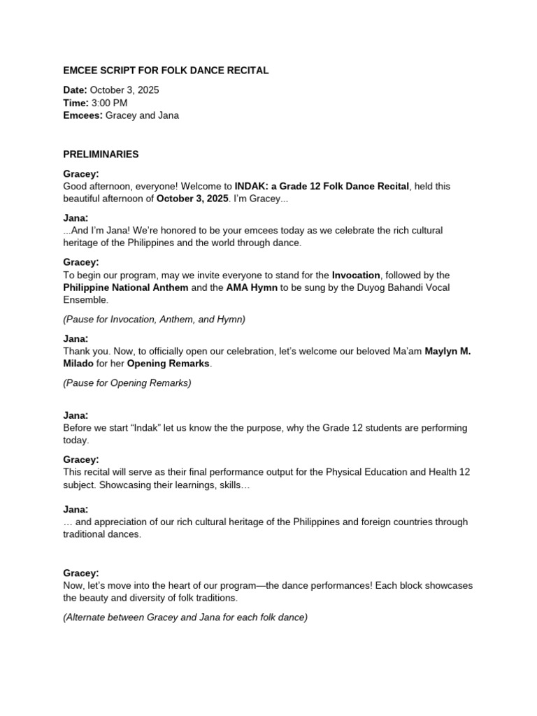 Folk Dance Recital Emcee Script | PDF | Dances | Performing Arts