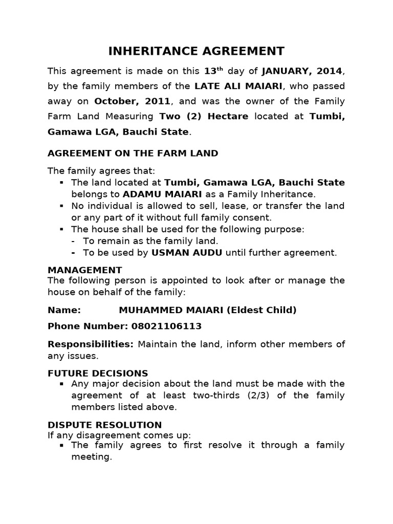 Simple Family House Inheritance Agreement Nigeria | PDF