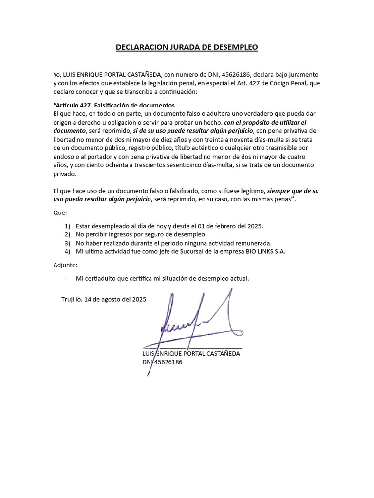 Declaración Jurada de Desempleo 2025 | PDF