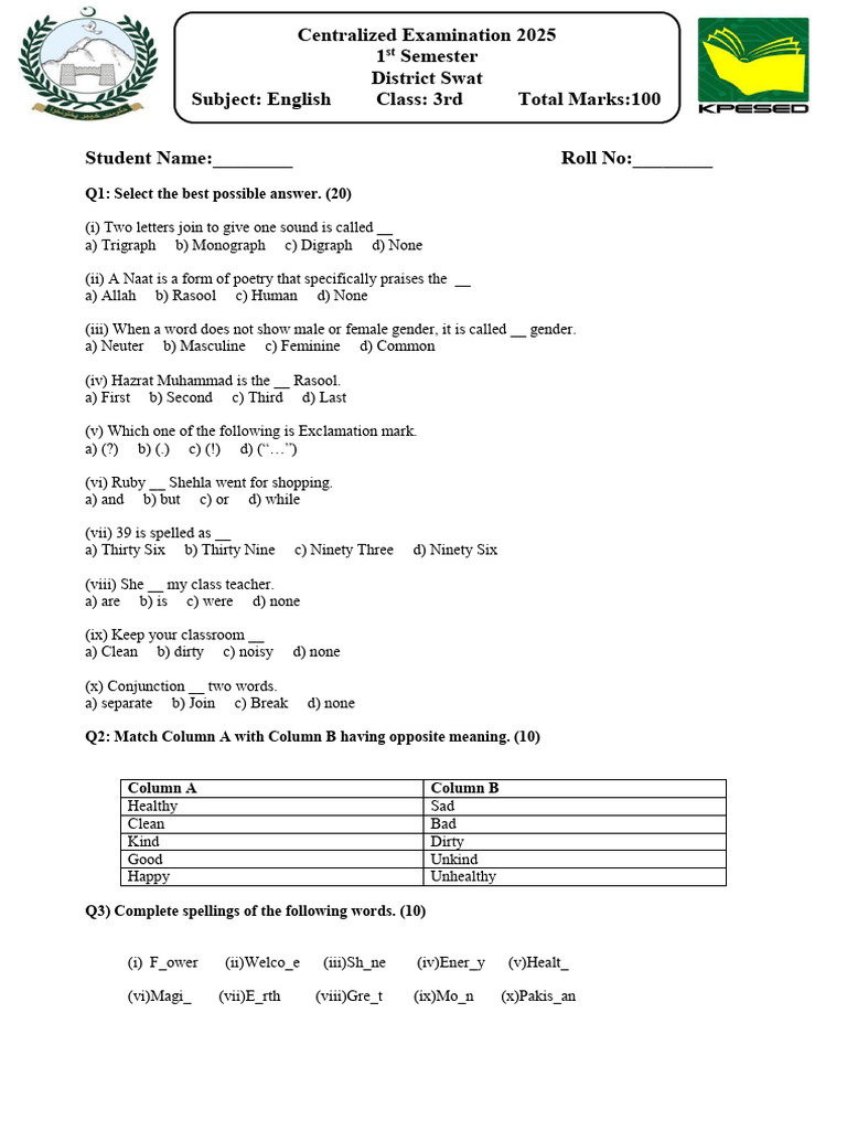 3rd Grade English Exam 2025 Guide | PDF | Grammatical Gender ...