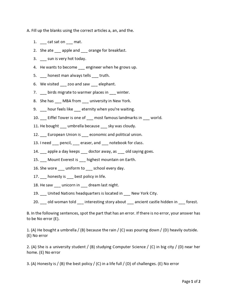 Article Usage and Error Correction Exercises | PDF