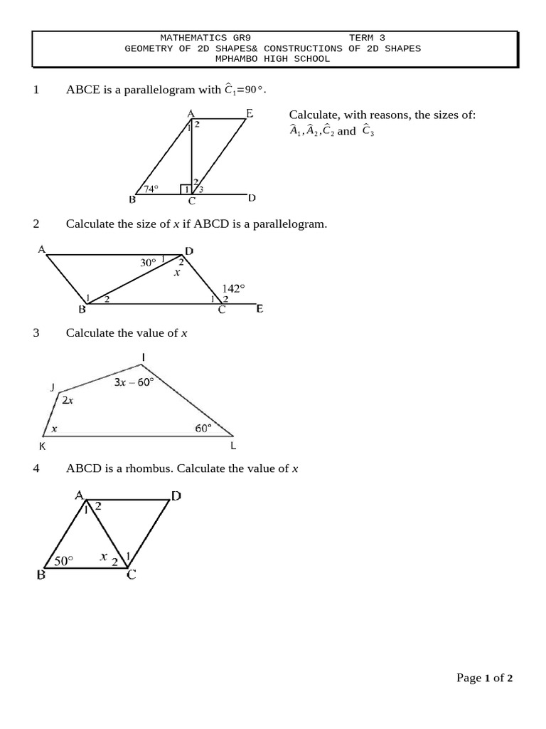 Grade 9 Geometry: 2D Shapes & Angles | PDF