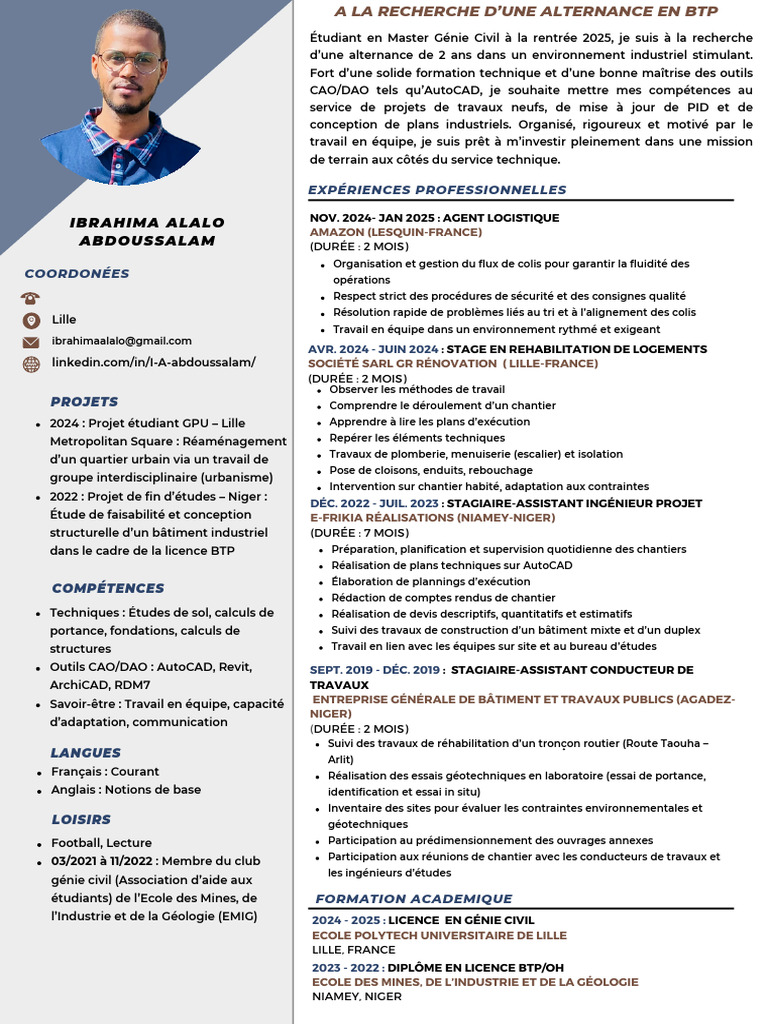 Alternance BTP : Profil Ibrahima Alalo | PDF