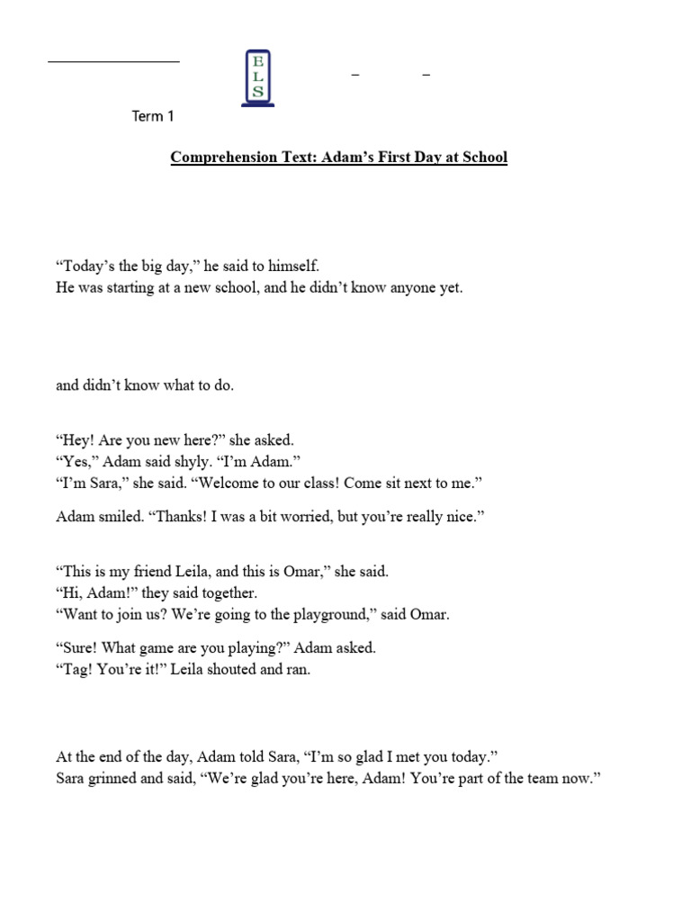 Adam's First Day at School: Comprehension | PDF
