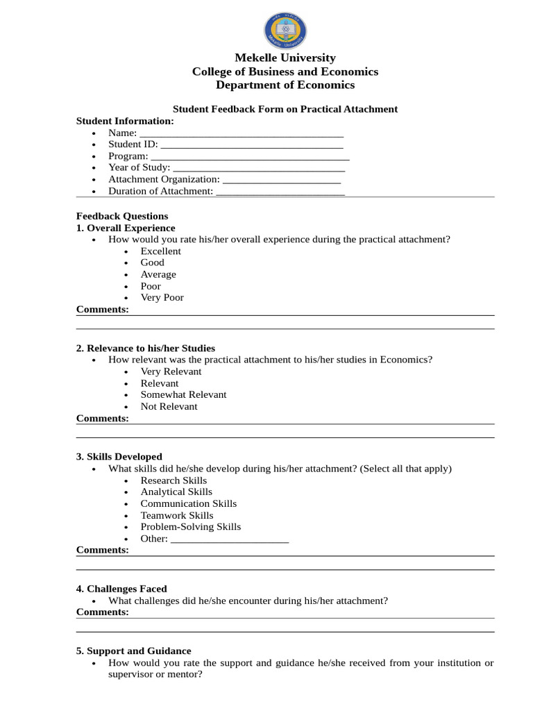 Practical Attachment Feedback Report Format in Economics 2025 | PDF