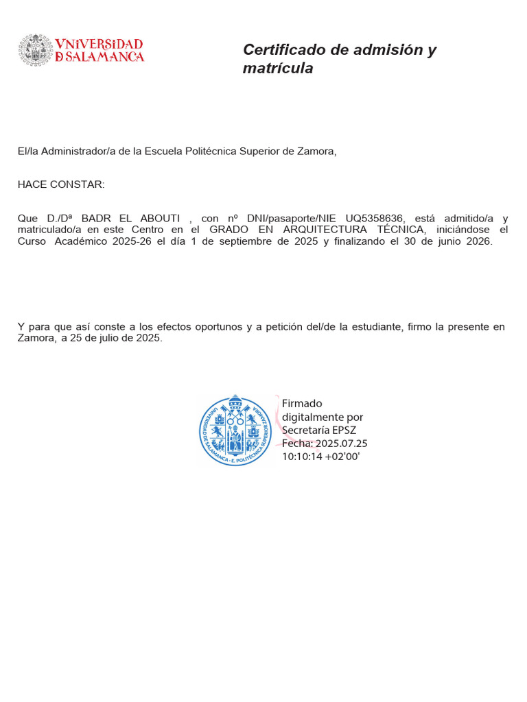 Badr El Abouti - Certificado Matricula | PDF
