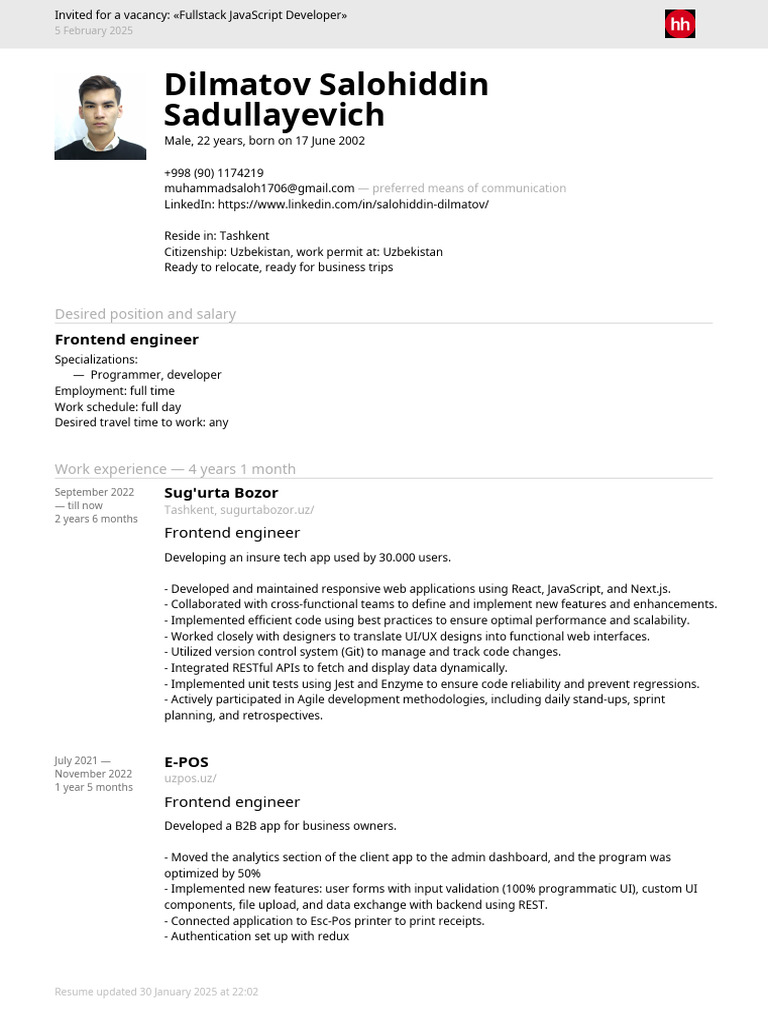 Fullstack JavaScript Developer Resume | PDF | Java Script | Software