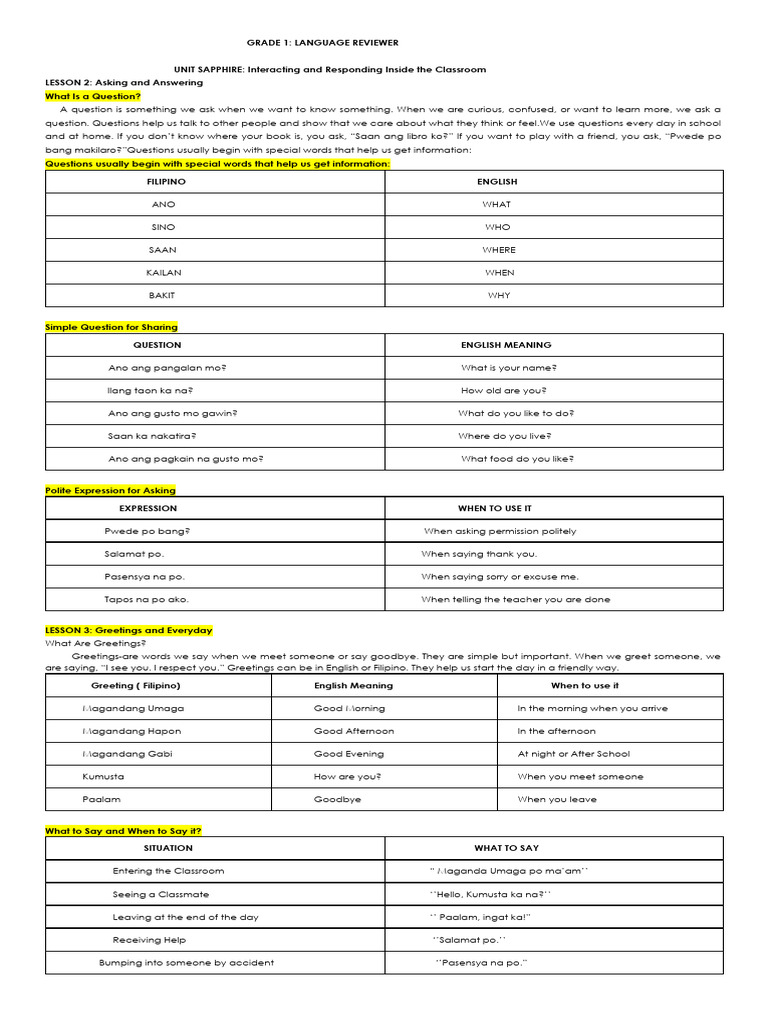 Grade 1 Language Skills Review Guide | PDF