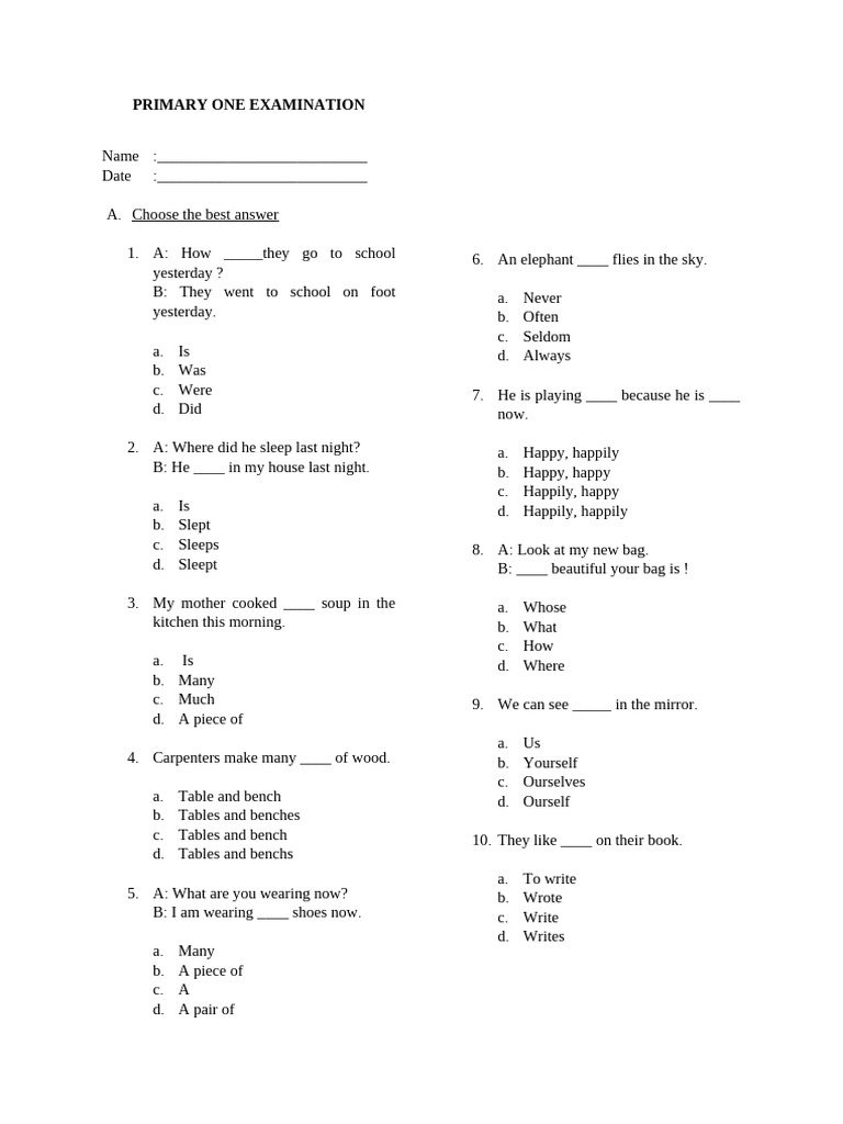 Primary One Examination Questions | PDF | Chess | Chess Theory