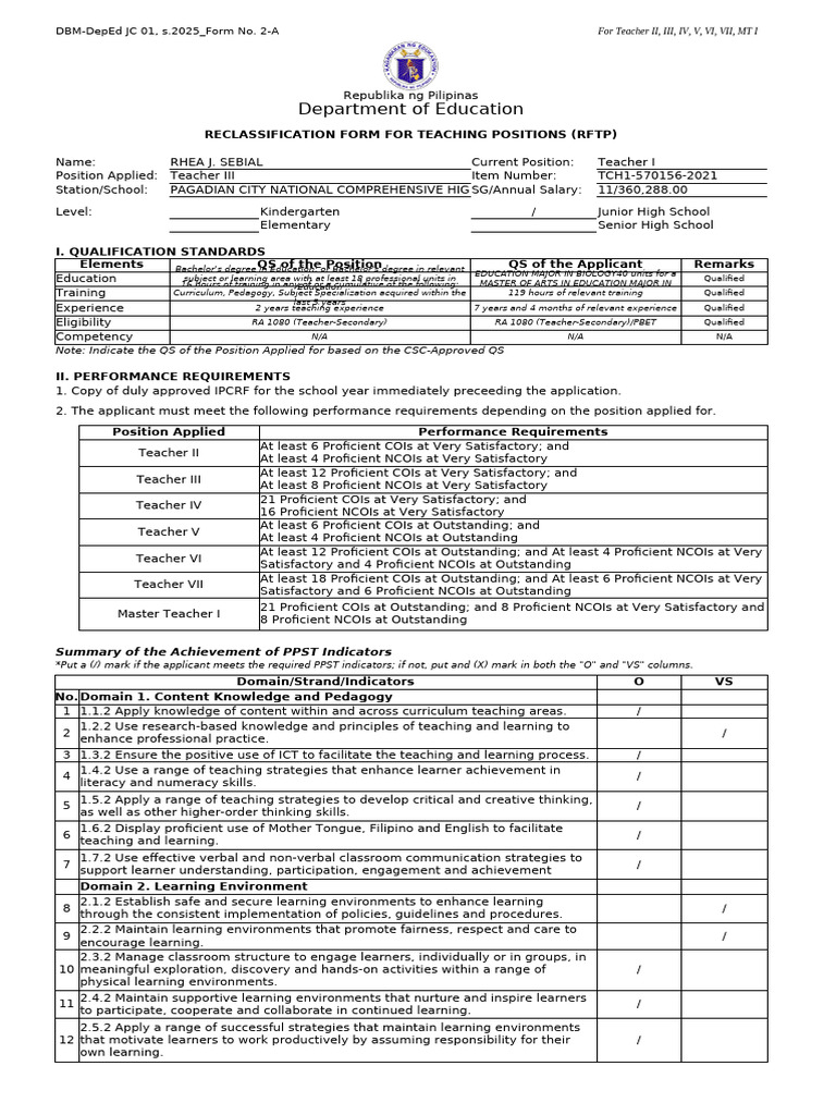 Teacher III Reclassification Form 2025 | PDF | Learning | Educational ...