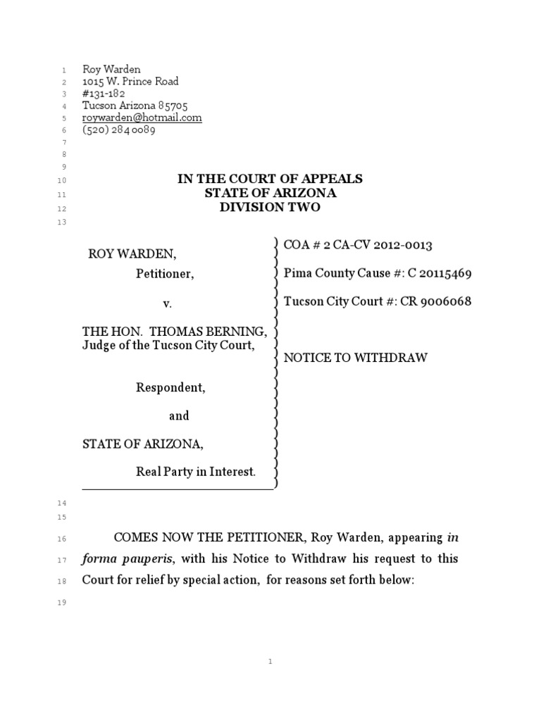 NOTICE TO WITHDRAW SPECIAL ACTION | Courts | Lawsuit