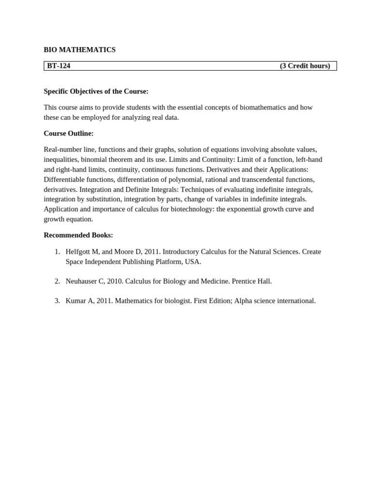 Biomathematics Course Syllabus | PDF