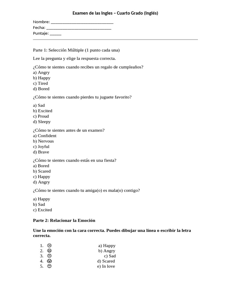 Examen de Inglés para Cuarto Grado | PDF