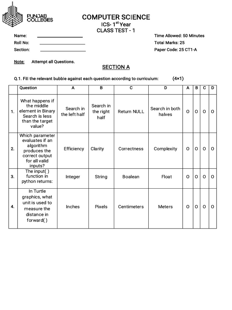 1st Year Computer Science Test Guide | PDF | Boolean Data Type | Algorithms