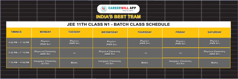 6867ac7801a44 Jee 11th Class n1 Batch Class Schedule | PDF