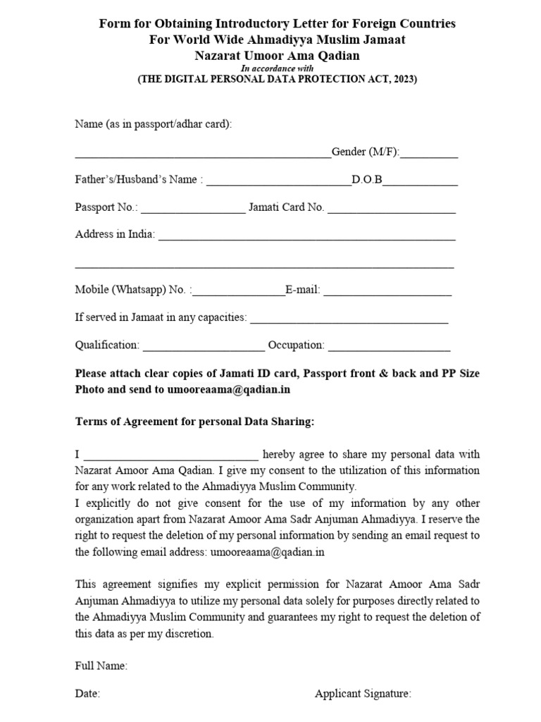 Form For Obtaining Introductory Letter For Foreign Countries | PDF