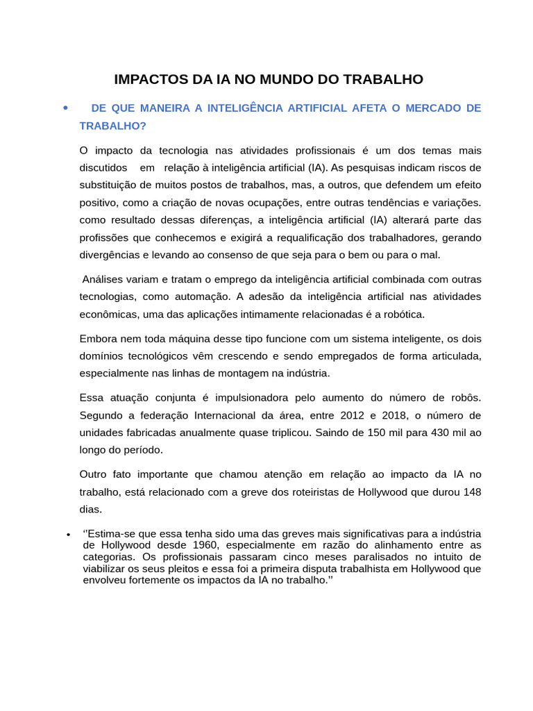 Impactos da IA no Mercado de Trabalho | PDF | Inteligência artificial ...