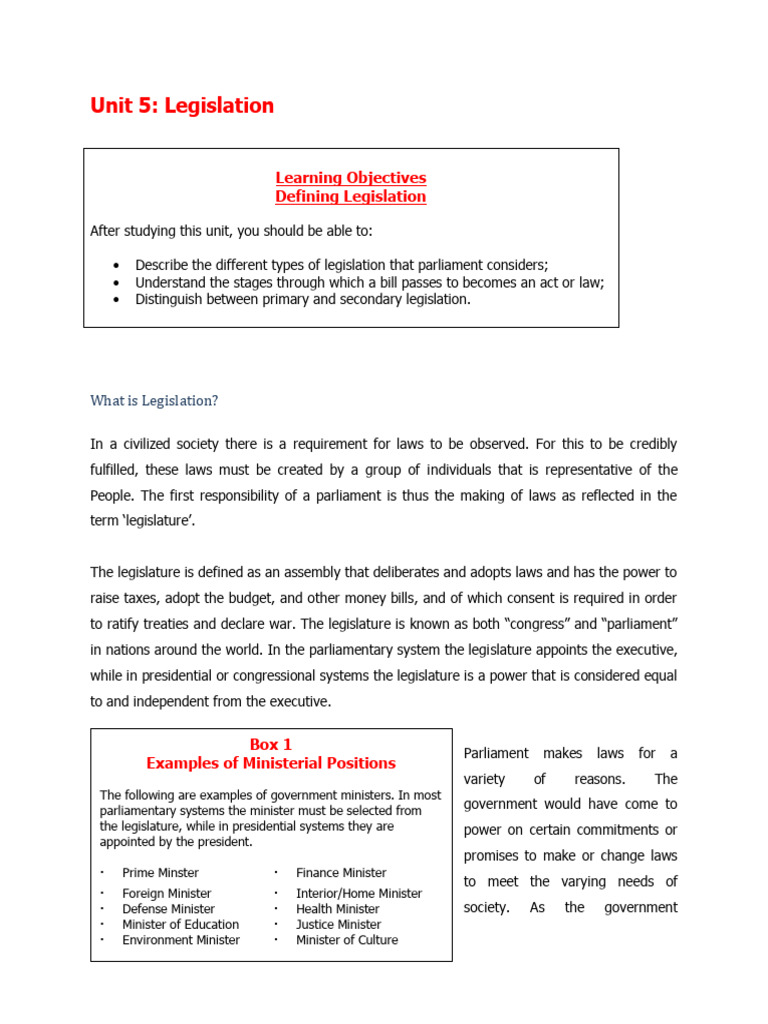 Learning Objectives Defining Legislation | PDF | Bill (Law) | Legislature
