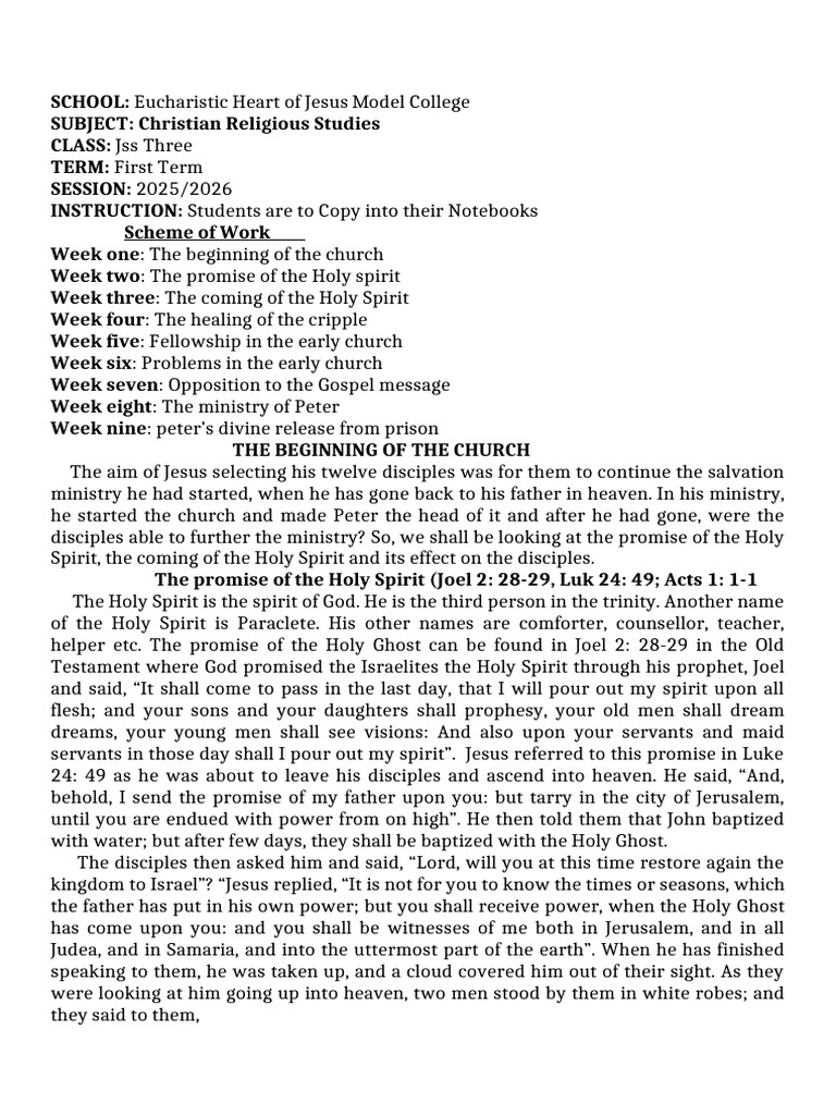 JSS 3 CRS First Term Overview | PDF | Jesus | Pentecost