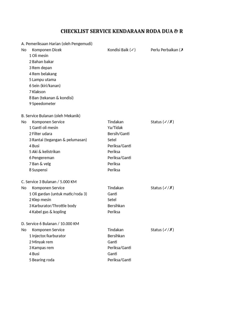 Checklist Servis Kendaraan Roda Dua dan Tiga | PDF