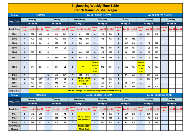 Engineering XI XII XIIPass) Time Table 22-09-2025 To 28-09-2025 | PDF