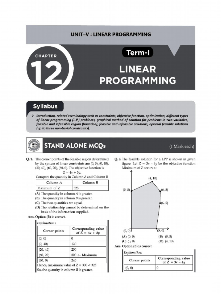 Linear Programming Cl.12 MCQ - 1 | PDF