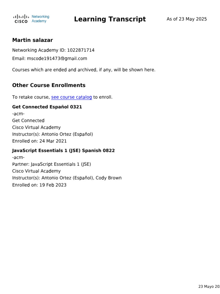 NetAcad Learning Transcript | PDF