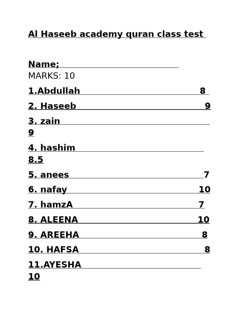 Al Haseeb Academy Quran Class Test | PDF
