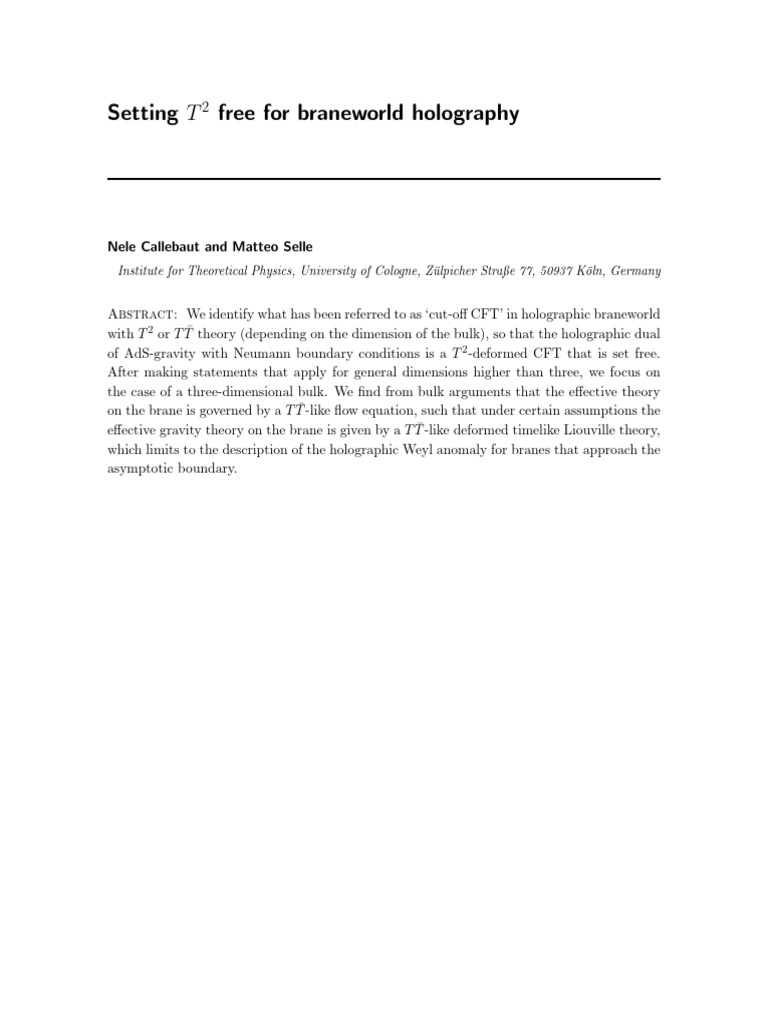 Setting T2 Free For Braneworld Holography | PDF | Tensor | Stress ...