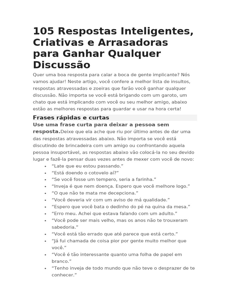105 Respostas Inteligentes, Criativas e Arrasadoras para Ganhar ...