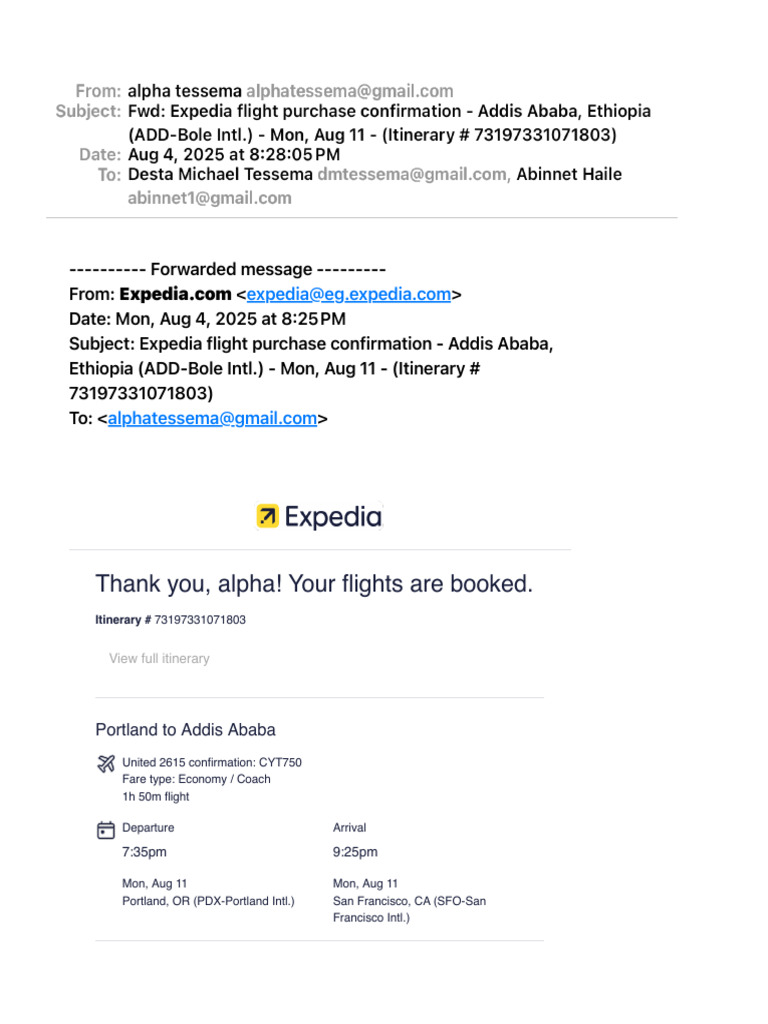 Expedia Flight Confirmation: Portland to Addis | PDF | Airlines | Civil ...