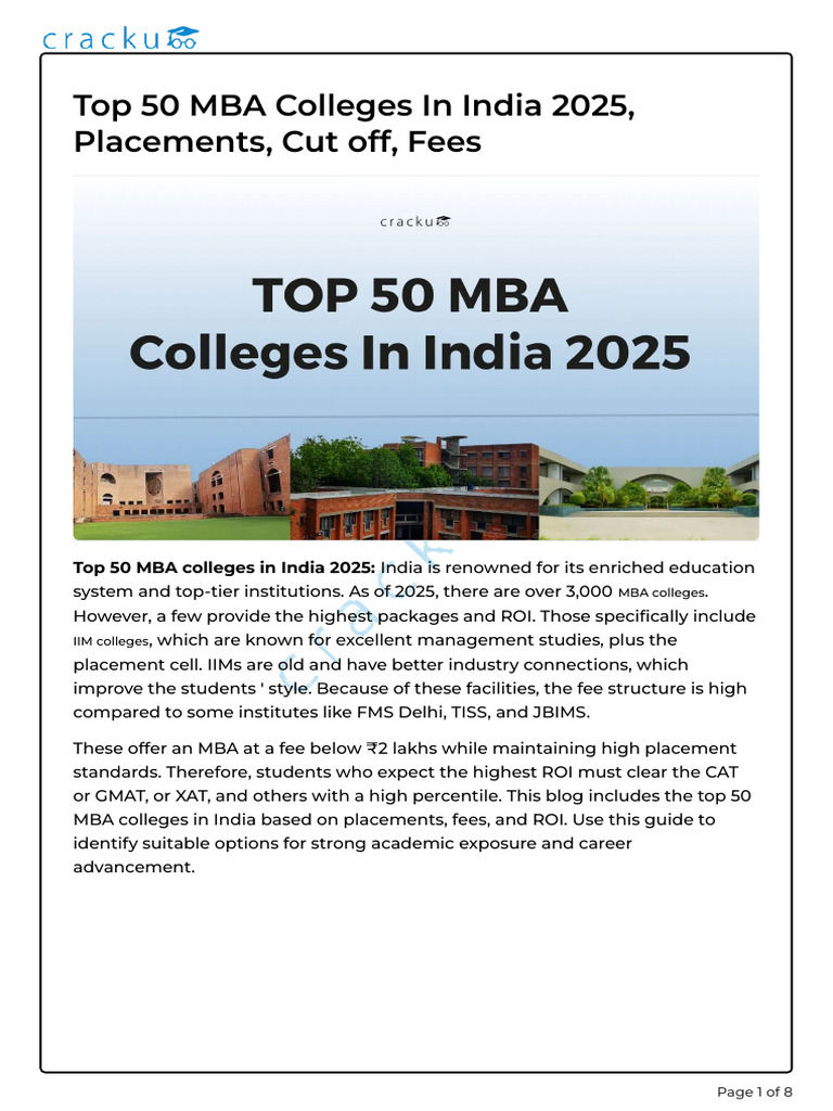 Top 50 MBA Colleges in India 2025, Placements, Cut Off, Fees | PDF ...