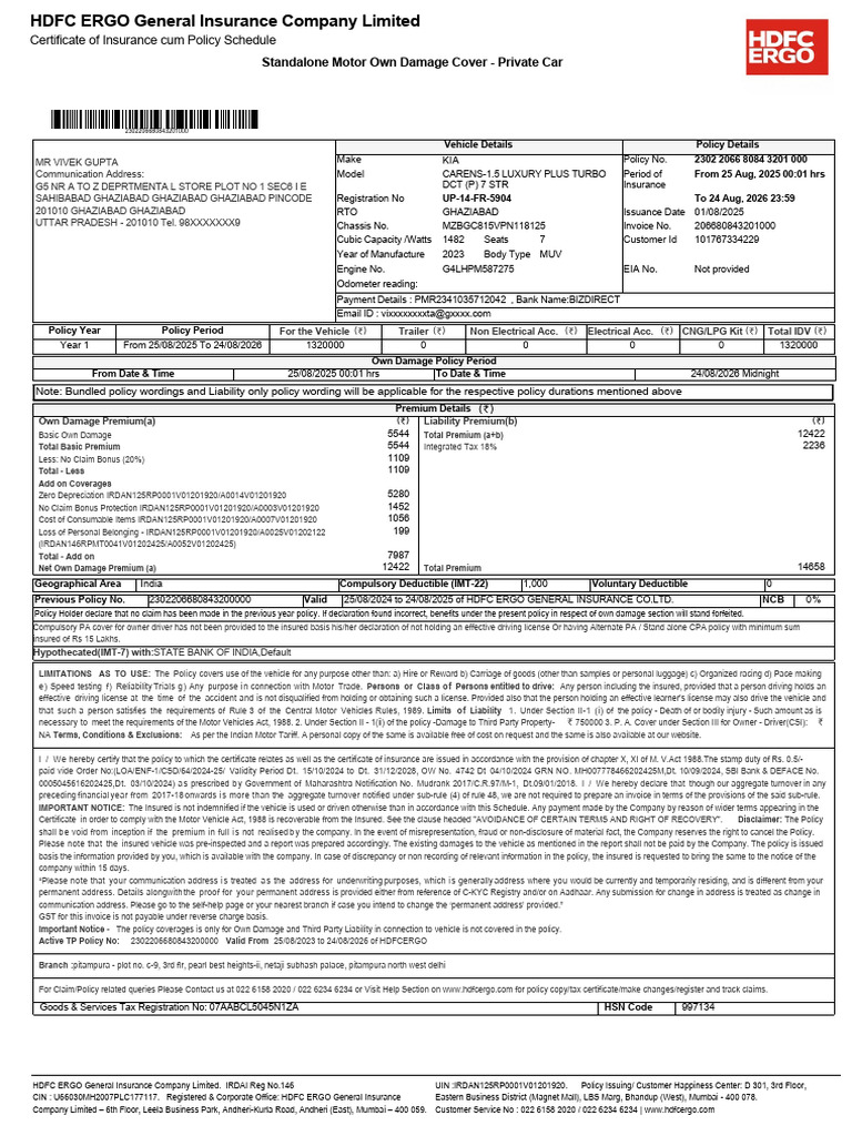KIA Car Insurance Policy Details | PDF | Insurance | Deductible