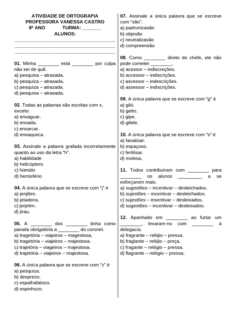Atividade de Ortografia - 8º Ano | PDF