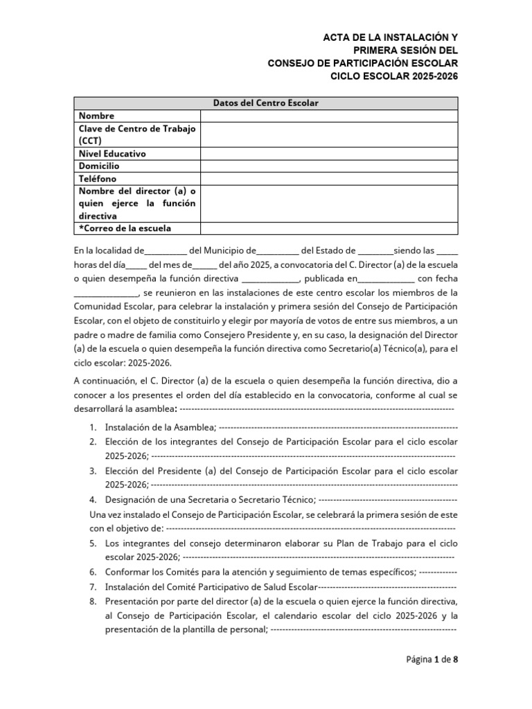 Acta de Instalación del Consejo Escolar | PDF | Escuelas | Higiene